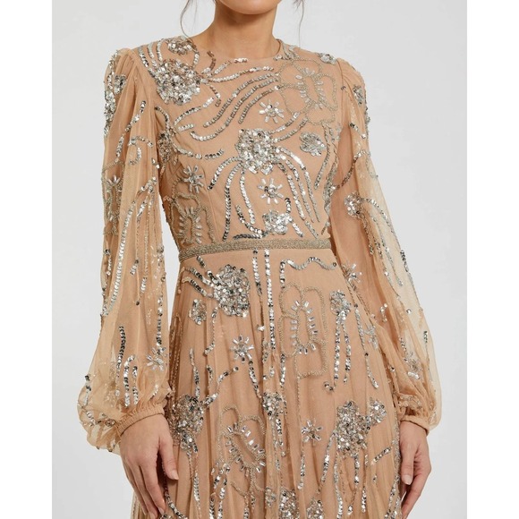 Mac Duggal Beige Embellished High Neck Puff Sleeve Gown $698 - Size 14 - Picture 7 of 14